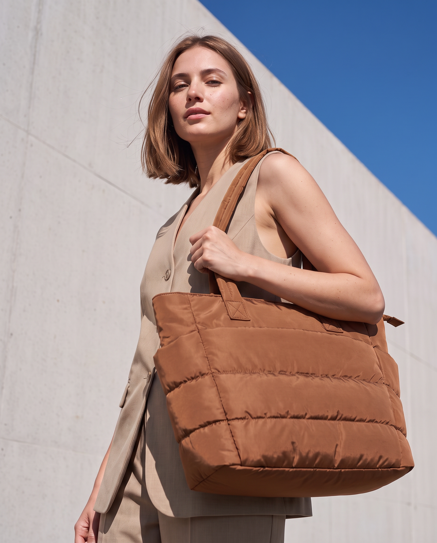VELÁ Puffer Tote in Brown on the shoulder