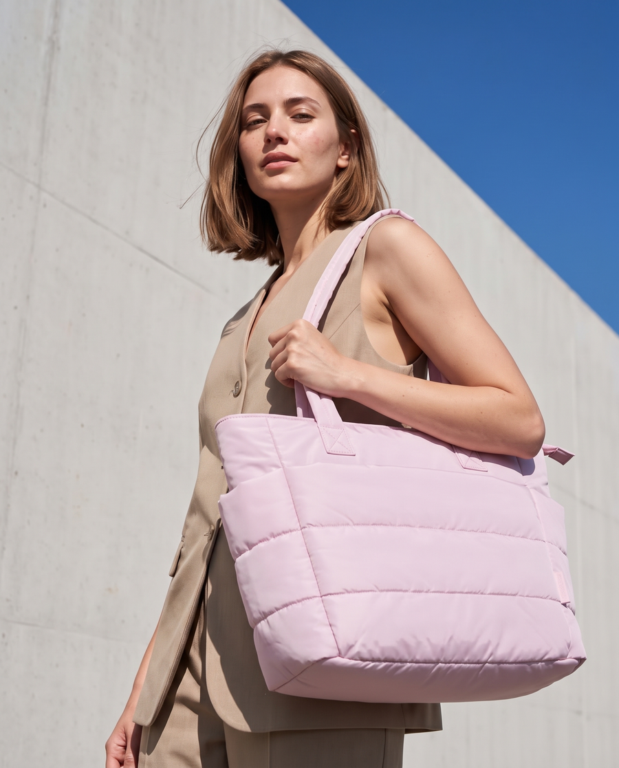 VELÁ Puffer Tote in Light Pink on the shoulder