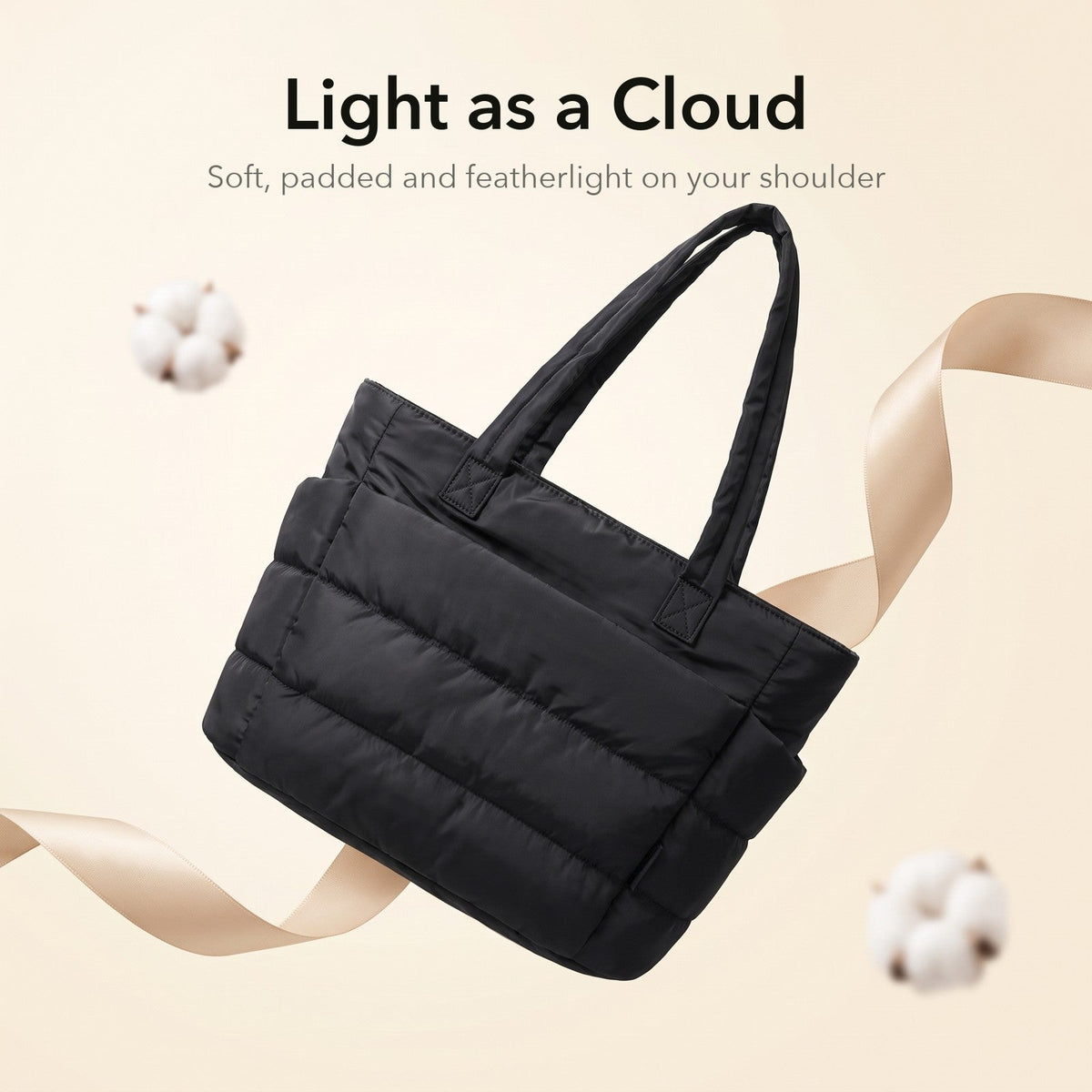 VELÁ Puffer Tote in Black, soft, padded and lightweight