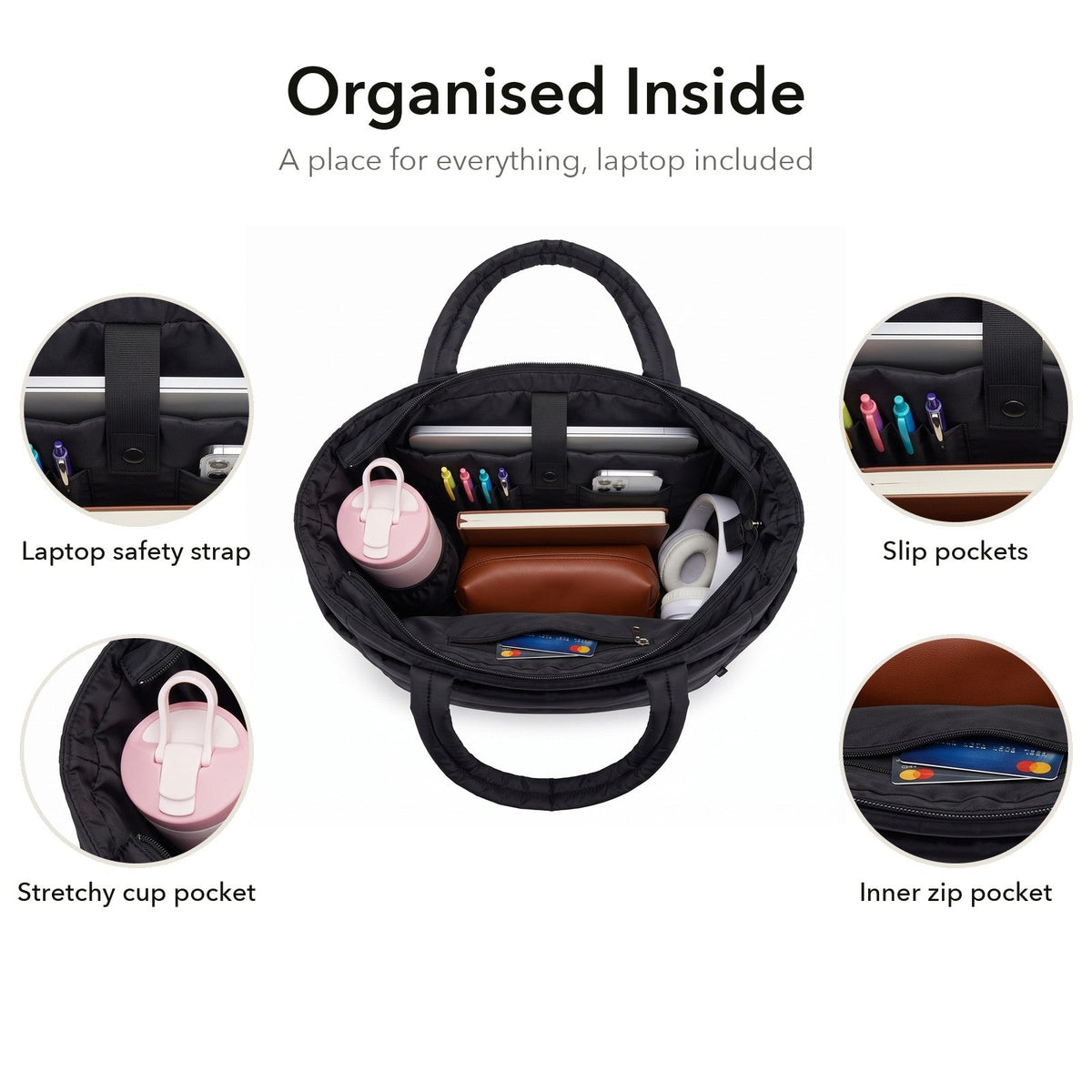 VELÁ Puffer Tote in Black, organised inside with laptop strap and inner zip pocket