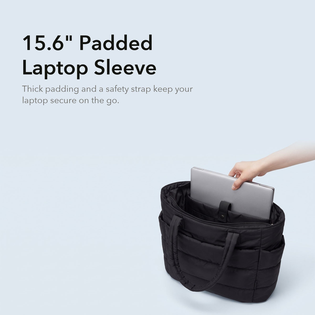 VELÁ Puffer Tote in Black, 15.6-inch padded laptop sleeve