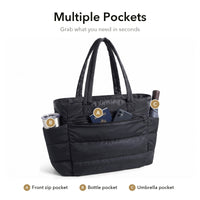 VELÁ Puffer Tote in Black, front zip pocket and side pockets