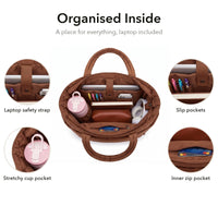 VELÁ Puffer Tote in Brown, organised inside with laptop strap and inner zip pocket