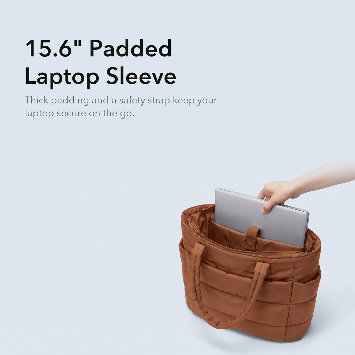 VELÁ Puffer Tote in Brown, 15.6-inch padded laptop sleeve