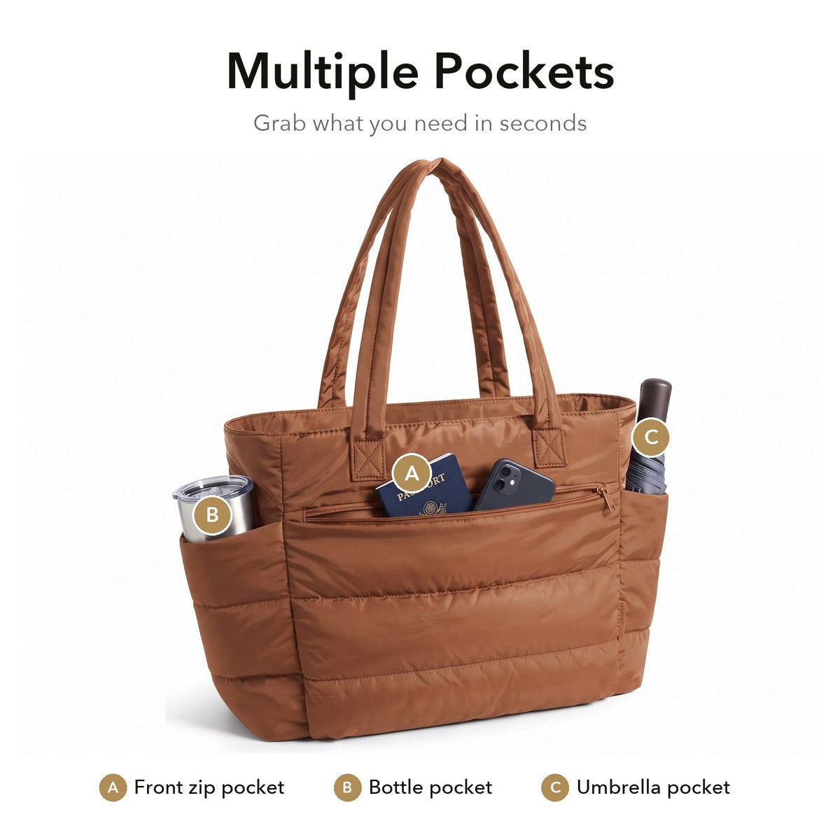 VELÁ Puffer Tote in Brown, front zip pocket and side pockets