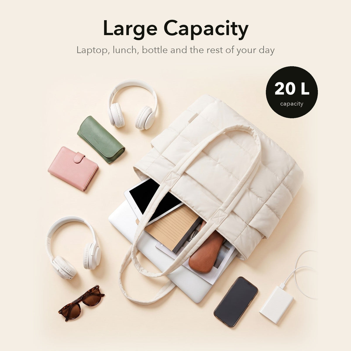 VELÁ Puffer Tote in Off-White, 20 litre capacity