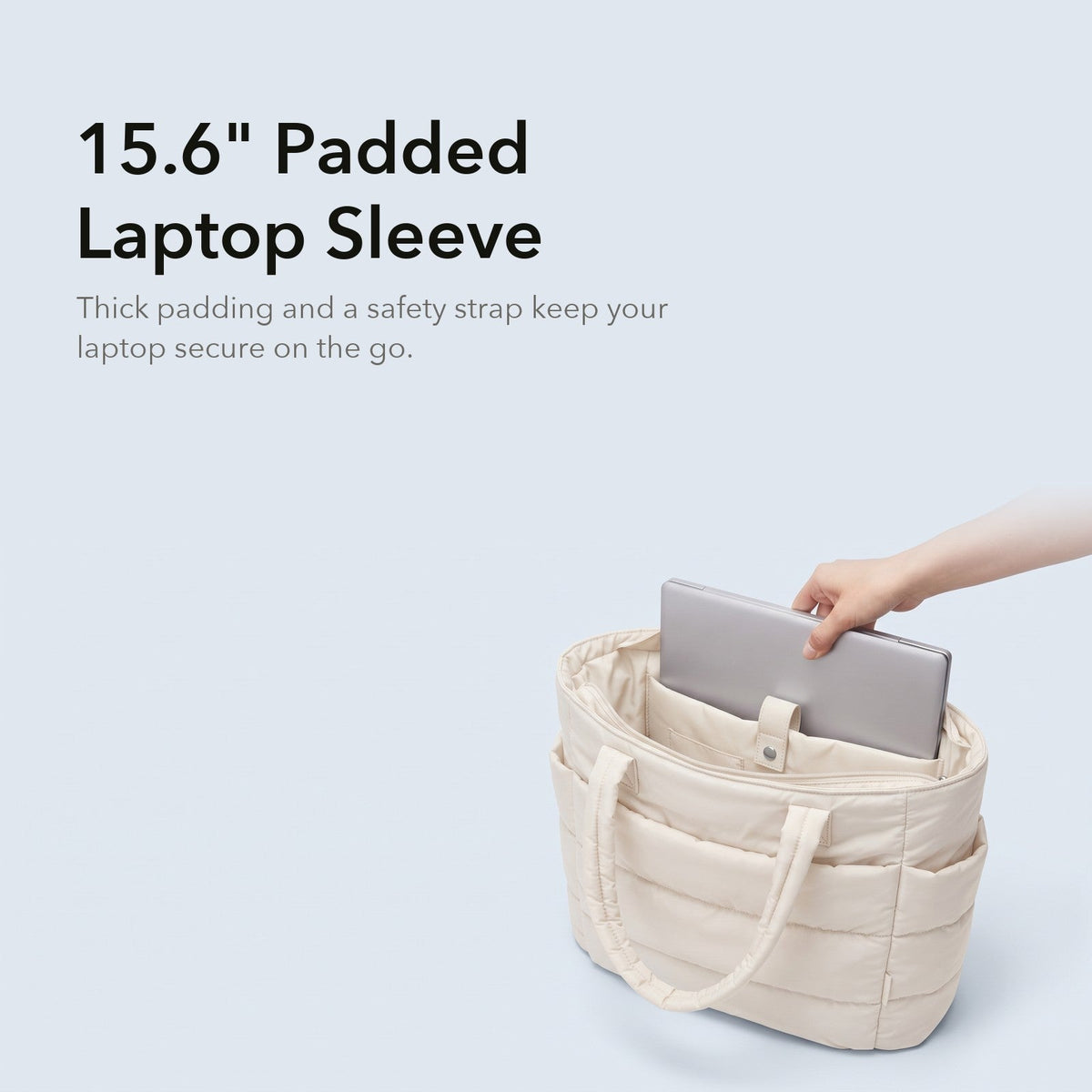 VELÁ Puffer Tote in Off-White, 15.6-inch padded laptop sleeve