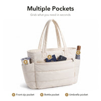 VELÁ Puffer Tote in Off-White, front zip pocket and side pockets
