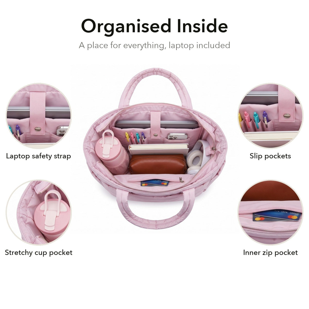 VELÁ Puffer Tote in Light Pink, organised inside with laptop strap and inner zip pocket
