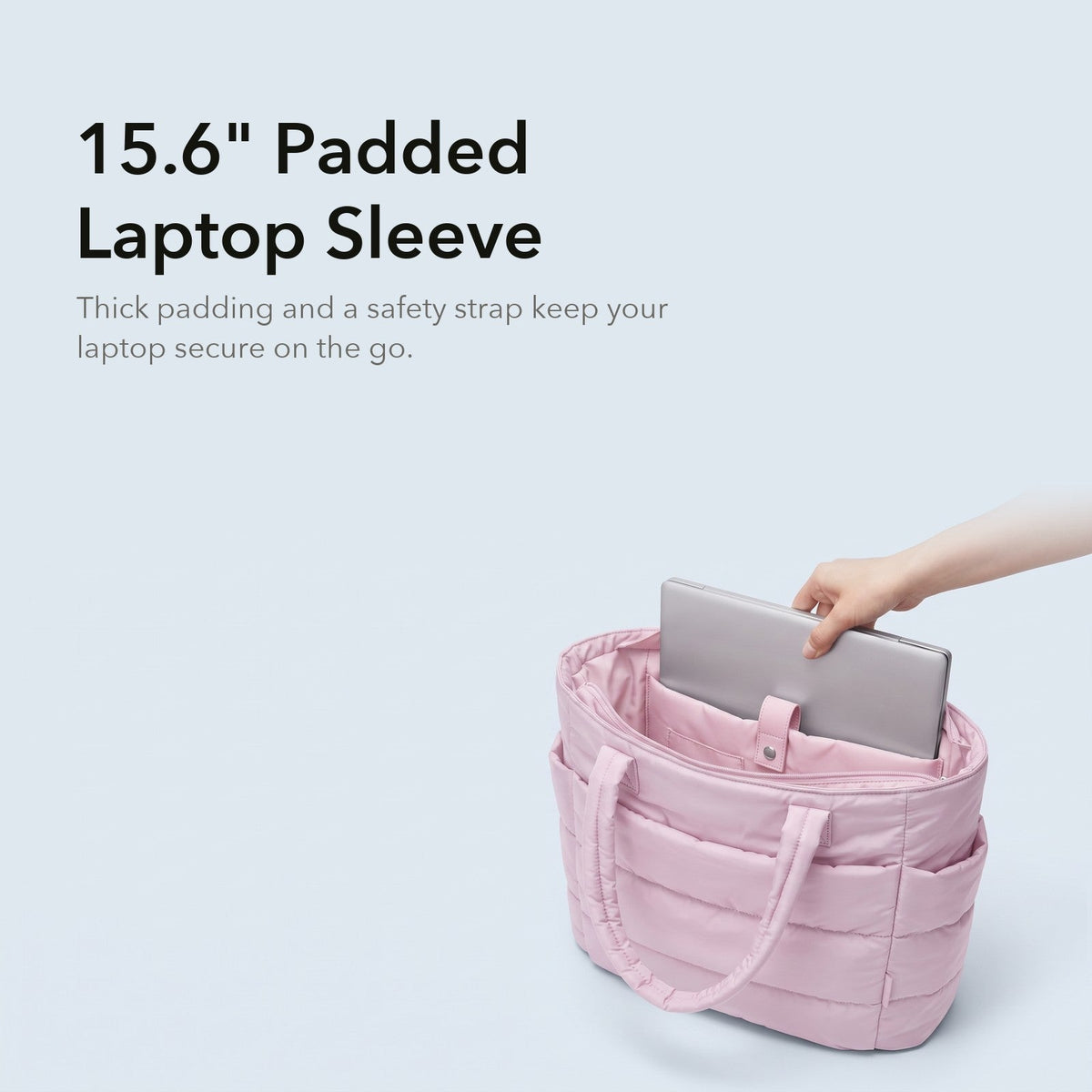 VELÁ Puffer Tote in Light Pink, 15.6-inch padded laptop sleeve