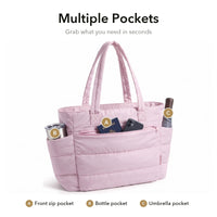 VELÁ Puffer Tote in Light Pink, front zip pocket and side pockets